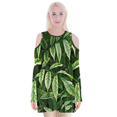 Leaves Foliage Twig Bush Plant Velvet Long Sleeve Shoulder Cutout Dress by artworkshop