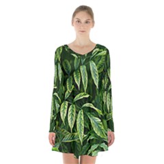 Leaves Foliage Twig Bush Plant Long Sleeve Velvet V-neck Dress by artworkshop