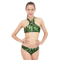 Leaves Foliage Twig Bush Plant High Neck Bikini Set by artworkshop