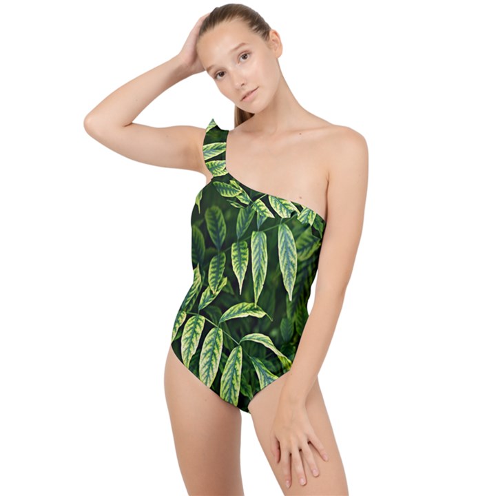 Leaves Foliage Twig Bush Plant Frilly One Shoulder Swimsuit