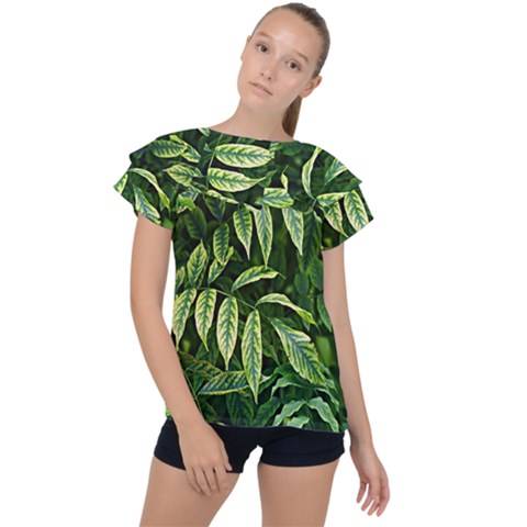 Leaves Foliage Twig Bush Plant Ruffle Collar Chiffon Blouse by artworkshop