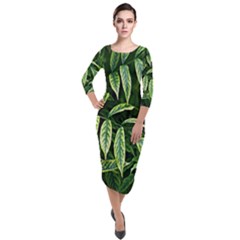 Leaves Foliage Twig Bush Plant Quarter Sleeve Midi Velour Bodycon Dress by artworkshop