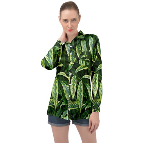 Leaves Foliage Twig Bush Plant Long Sleeve Satin Shirt by artworkshop