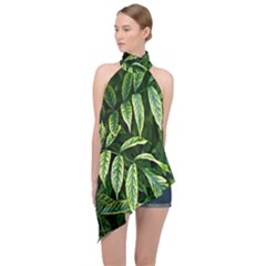 Leaves Foliage Twig Bush Plant Halter Asymmetric Satin Top by artworkshop