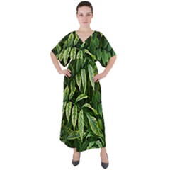 Leaves Foliage Twig Bush Plant V-neck Boho Style Maxi Dress by artworkshop