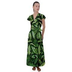 Leaves Foliage Twig Bush Plant Flutter Sleeve Maxi Dress by artworkshop