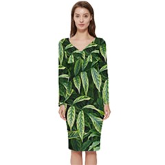 Leaves Foliage Twig Bush Plant Long Sleeve V-neck Bodycon Dress  by artworkshop