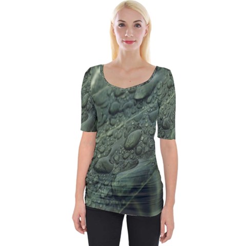 Leaves Water Drops Green  Wide Neckline Tee by artworkshop