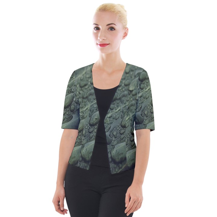 Leaves Water Drops Green  Cropped Button Cardigan