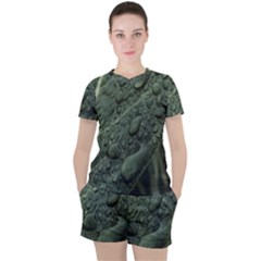 Leaves Water Drops Green  Women s Tee And Shorts Set