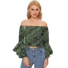 Leaves Water Drops Green  Off Shoulder Flutter Bell Sleeve Top by artworkshop