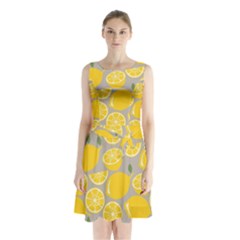 Lemon Wallpaper Sleeveless Waist Tie Chiffon Dress