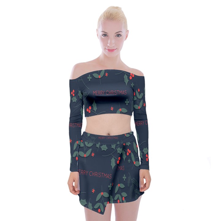 Merry Christmas Holiday Pattern  Off Shoulder Top with Mini Skirt Set