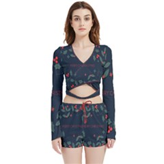 Merry Christmas Holiday Pattern  Velvet Wrap Crop Top And Shorts Set by artworkshop