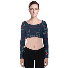 Merry Christmas Holiday Pattern  Velvet Long Sleeve Crop Top by artworkshop