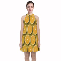 Orange Slices Cross Sections Pattern Velvet Halter Neckline Dress 