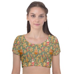 Pattern Seamless Gingerbread Christmas Decorative Velvet Short Sleeve Crop Top  by artworkshop