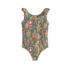 Pattern Seamless Gingerbread Christmas Decorative Kids  Frill Swimsuit by artworkshop