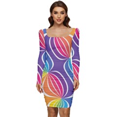 Illustration Abstract Background Pattern Rainbow Color Women Long Sleeve Ruched Stretch Jersey Dress