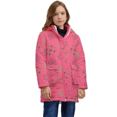 Pink Art Pattern Design Geometric Kid s Hooded Longline Puffer Jacket by Wegoenart