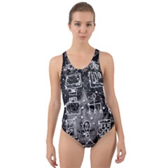 Black White Background Burnout Template Doodle Cut-out Back One Piece Swimsuit by Wegoenart