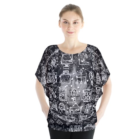 Black White Background Burnout Template Doodle Batwing Chiffon Blouse by Wegoenart