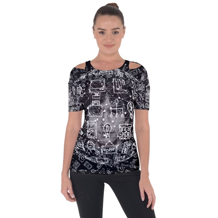 Black White Background Burnout Template Doodle Shoulder Cut Out Short Sleeve Top