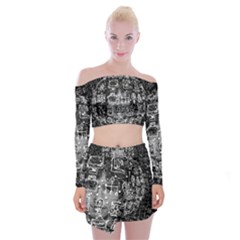 Black White Background Burnout Template Doodle Off Shoulder Top With Mini Skirt Set by Wegoenart