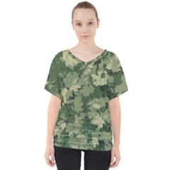 Green Leaves Camouflage Pattern V-neck Dolman Drape Top by Wegoenart