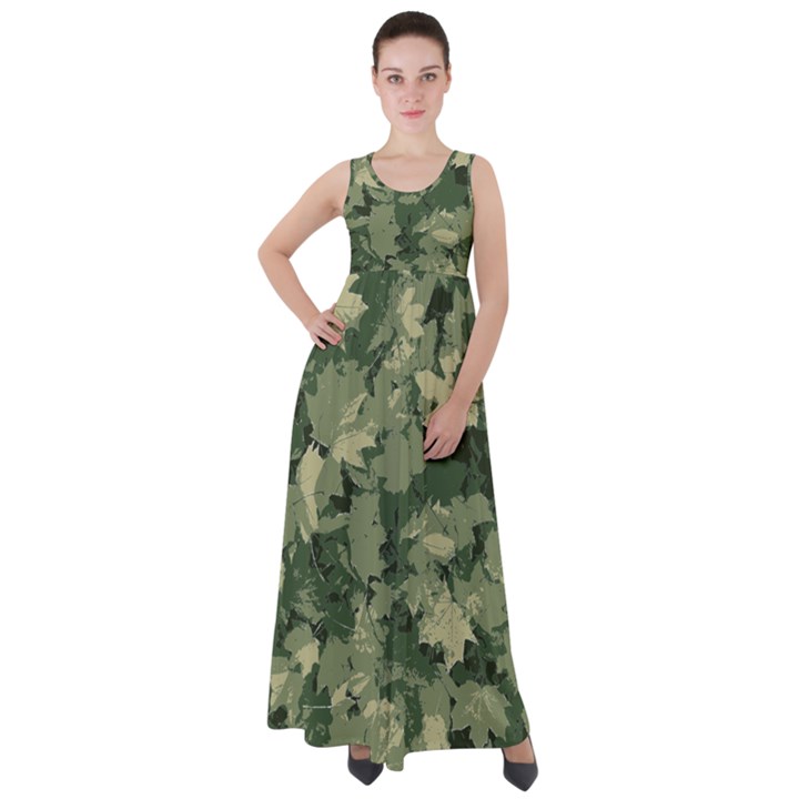 Green Leaves Camouflage Pattern Empire Waist Velour Maxi Dress