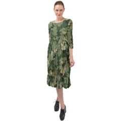 Green Leaves Camouflage Pattern Ruffle End Midi Chiffon Dress