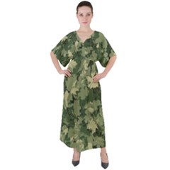 Green Leaves Camouflage Pattern V-neck Boho Style Maxi Dress by Wegoenart