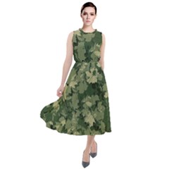 Green Leaves Camouflage Pattern Round Neck Boho Dress by Wegoenart