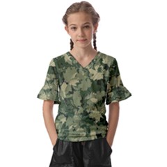 Green Leaves Camouflage Pattern Kids  V-neck Horn Sleeve Blouse by Wegoenart