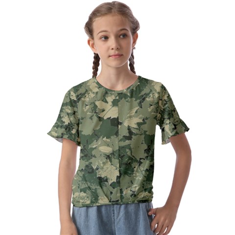 Green Leaves Camouflage Pattern Kids  Cuff Sleeve Scrunch Bottom Tee by Wegoenart