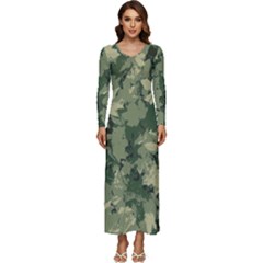 Green Leaves Camouflage Pattern Long Sleeve Velour Longline Maxi Dress by Wegoenart