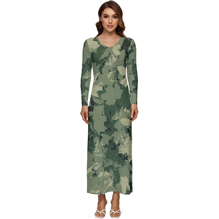 Green Leaves Camouflage Pattern Long Sleeve Velour Longline Maxi Dress