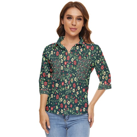 Flowering-branches-seamless-pattern Women s Quarter Sleeve Pocket Shirt by Zezheshop