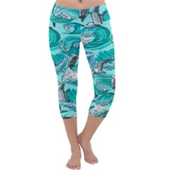 Sea Waves Seamless Pattern Capri Yoga Leggings by Wegoenart