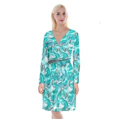 Sea Waves Seamless Pattern Long Sleeve Velvet Front Wrap Dress by Wegoenart