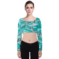 Sea Waves Seamless Pattern Velvet Long Sleeve Crop Top by Wegoenart