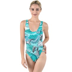 Sea Waves Seamless Pattern High Leg Strappy Swimsuit by Wegoenart