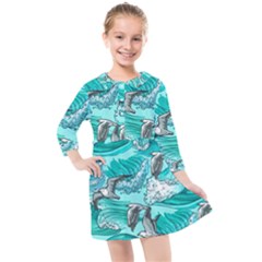 Sea Waves Seamless Pattern Kids  Quarter Sleeve Shirt Dress by Wegoenart