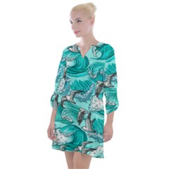 Sea Waves Seamless Pattern Open Neck Shift Dress by Wegoenart