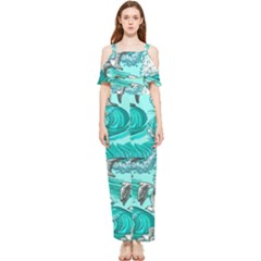 Sea Waves Seamless Pattern Draped Sleeveless Chiffon Jumpsuit by Wegoenart