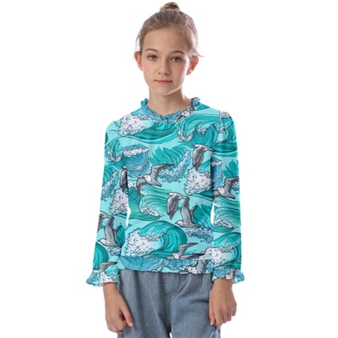 Sea Waves Seamless Pattern Kids  Frill Detail Tee by Wegoenart