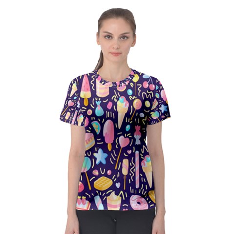 Cute-seamless-pattern-with-colorful-sweets-cakes-lollipops Women s Sport Mesh Tee by Wegoenart