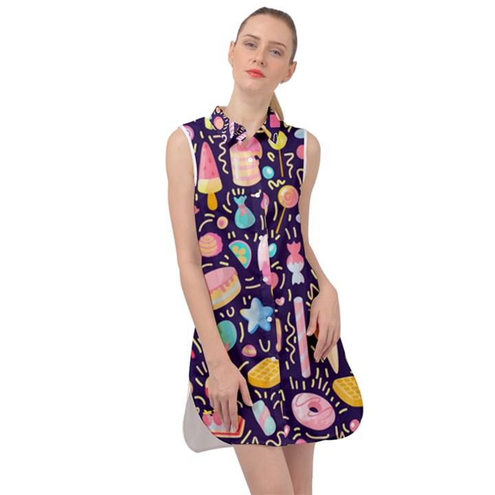 Cute-seamless-pattern-with-colorful-sweets-cakes-lollipops Sleeveless Shirt Dress