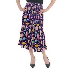 Cute-seamless-pattern-with-colorful-sweets-cakes-lollipops Midi Mermaid Skirt by Wegoenart