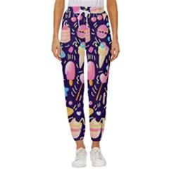 Cute-seamless-pattern-with-colorful-sweets-cakes-lollipops Cropped Drawstring Pants by Wegoenart